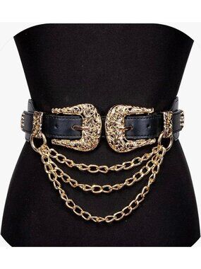 Western Inspired Black Elastic Chain Belt wGold-Tone Buckles & Chains Stretch